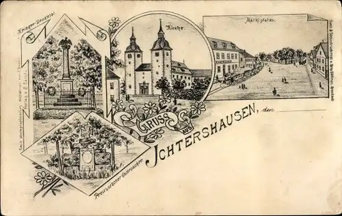 Litho Ichtershausen in Thüringen, Preußischer Gottesacker, Kirche, Marktplatz, Kriegerdenkmal