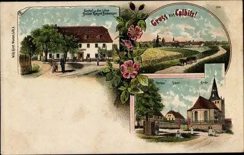 Litho Calbitz Wermsdorf in Sachsen, Gasthof drei Lilien, Schule, Kirche