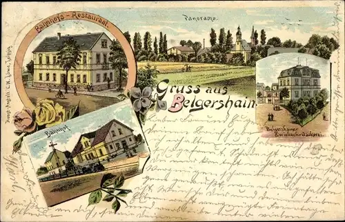 Litho Belgershain in Sachsen, Belgershainer Zwieback Bäckerei, Bahnhof, Bahnhofs-Restaurant