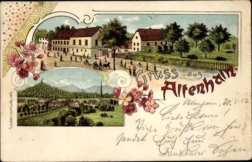 Litho Altenhain Trebsen an der Mulde Sachsen, Gasthof, Panorama, Kirche