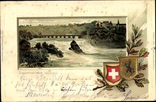 Präge Wappen Litho Schaffhausen am Rhein Schweiz, Rheinfall