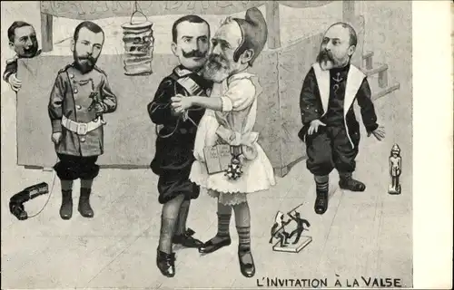 Ak L'Invitation à la Valse, Emile Loubet, Viktor Emanuel III., Eduard VII., Zar Nikolaus II., Kaiser