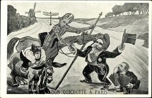 Ak Alfons XIII als Don Quichotte, Emile Loubet, Karikatur