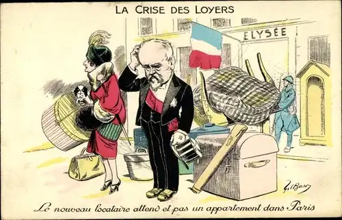 Künstler Ak La Crise des Loyers, Raymond Poincare, Auszug aus dem Elysee Palast, Karikatur