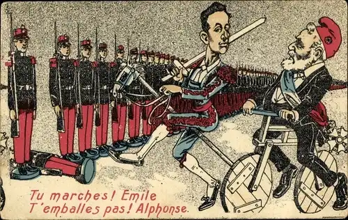 Künstler Ak Tu marches, Emile, Französische Zinnsoldaten, König Alfons XIII. von Spanien, Karikatur