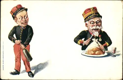 Ak Karikatur französischer Soldaten, General beim Essen