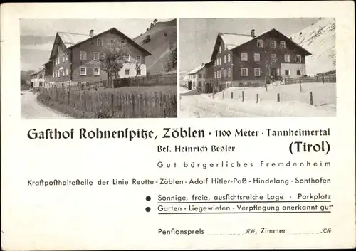 Ak Zöblen in Tirol, Gasthof Rohnenspitze, Tannheimertal, Winteransicht