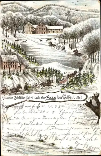 Winter Litho Wolfenbüttel in Niedersachsen, Schlittenfahrt nach der Asse