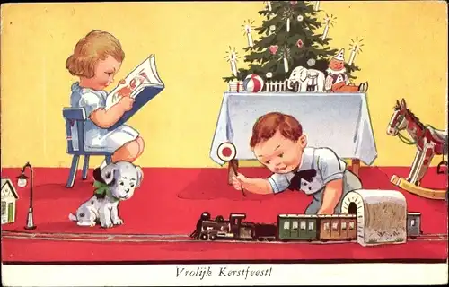 Künstler Ak Wills, John, Frohe Weihnachten, Kinder mit Geschenken, Spielzeugeisenbahn