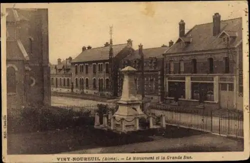 Ak Viry Noureuil Aisne, Le Monument, La Grande Rue