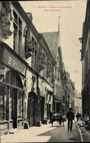 Ak Reims-Marne, Haus der Musiker, Rue de Tambour