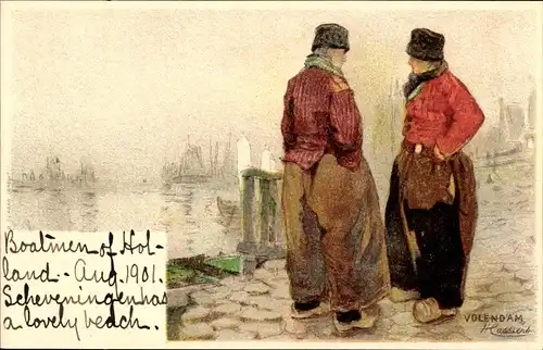 Künstler Litho Cassiers H., Volendam Nordholland Niederlande, Hafen, zwei Männer