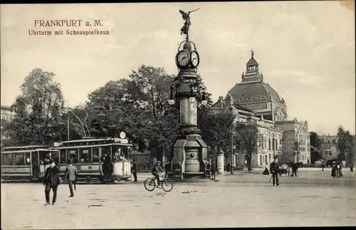 Ak Frankfurt am Main, Uhrturm, Schauspielhaus, Tram