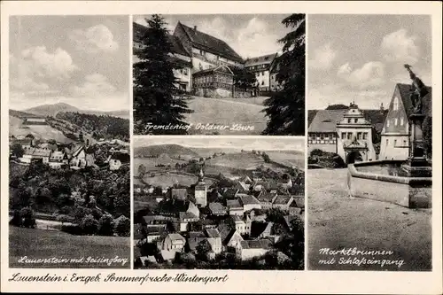 Ak Lauenstein Altenberg im Erzgebirge, Geisingberg, Goldener Löwe, Marktbrunnen, Schlosseingang