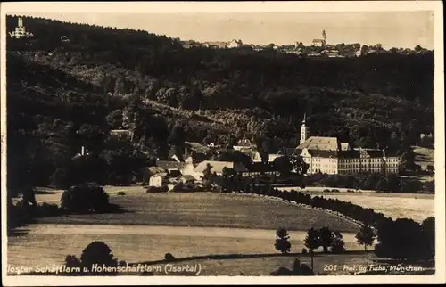 Foto Ak Schäftlarn Oberbayern, Kloster Schäftlarn, Gesamtansicht mit Hohenschäftlarn, Isartal