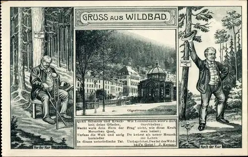 Ak Bad Wildbad im Schwarzwald, Gedicht, Olgastrasse mit Trinkhalle