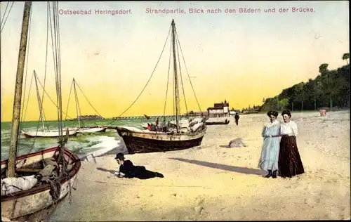 Ak Ostseebad Heringsdorf auf Usedom, Strand, Bäder, Brücke