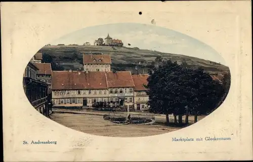 Präge Ak Sankt Andreasberg Braunlage im Oberharz, Marktplatz mit Glockenturm