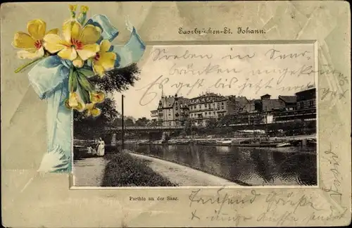 Passepartout Ak St. Johann Saarbrücken im Saarland, Partie an der Saar, Blumen