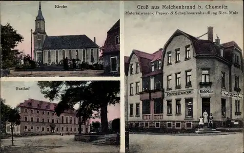 Ak Reichenbrand Chemnitz in Sachsen, Materialwarenhandlung, Kirche, Gasthof