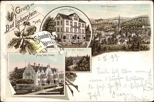 Litho Bad Liebenstein Thüringer Wald, Panorama, Schneider Hotel, Villa Feodora, Schloss Ahrenstein