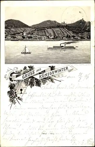 Litho Königswinter am Rhein, Blick zur Stadt vom Wasser aus, Dampfer