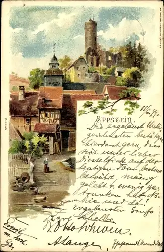 Künstler Litho Hartmann, A., Eppstein in Hessen, Wohnhäuser, Turm, Ruine