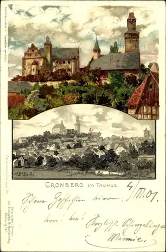 Künstler Litho Münch, C., Kronberg im Taunus Hessen, Ortschaft, Burg