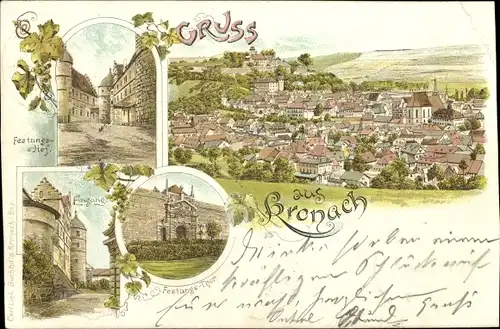 Litho Kronach in Oberfranken, Totalansicht, Festungshof, Festungstor