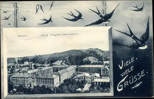 Passepartout Ak Meißen an der Elbe, Panorama, Porzellanmanufaktur