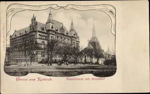 Jugendstil Ak Hansestadt Rostock, Ständehaus mit Steintor