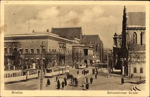 Ak Wrocław Breslau Schlesien, Schweidnitzer Straße, Straßenbahnen