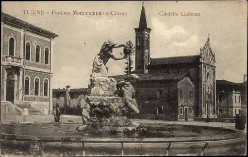 Ak Thiene Veneto, Fontana Monumentale e Chiesa, Castello Colleoni