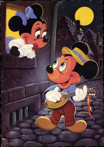 Künstler Ak Walt Disney, Micky Maus spielt Minnie Maus vor dem Fenster ein Ständchen