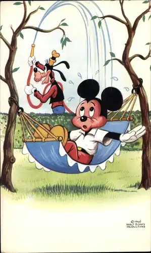 Künstler Ak Walt Mickey Mouse, Goofy, Hängematte, Wasserschlauch