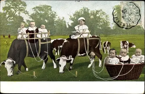 Ak Kinder reiten Kühe auf der Weide, Fotomontage