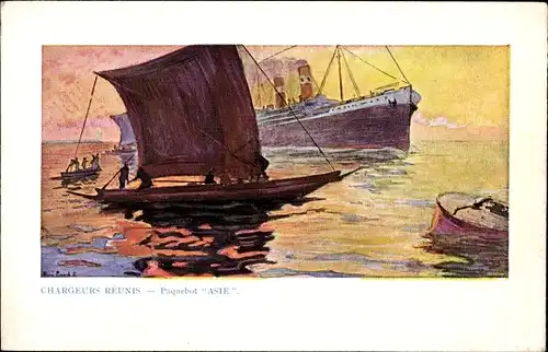 Künstler Ak Dampfer Asie, Segelboot, Chargeurs Reunis
