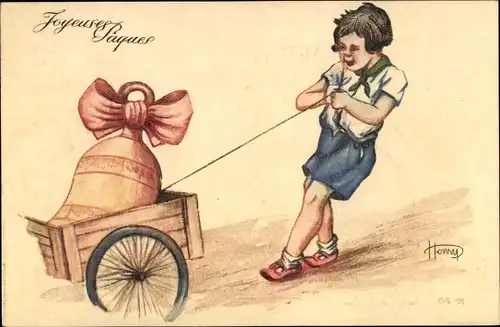 Künstler Ak Glückwunsch Ostern, Kind, Glocke, Schleife