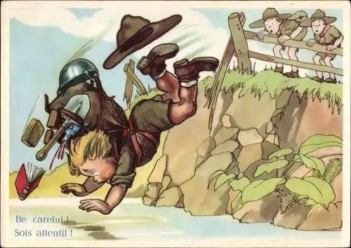 Ak Pfadfinder, ein Junge fällt mit Sack und Pack ins Wasser