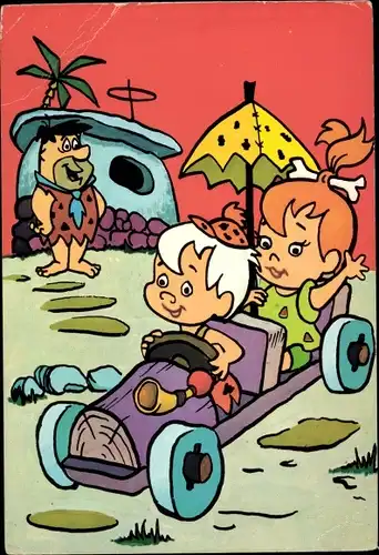 Ak Familie Feuerstein, The Flintstones, Fred, Kinder fahren Auto