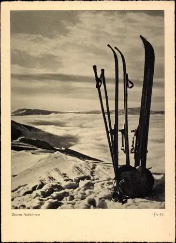 Ak Ziegenrücken im Riesengebirge, Nebelmeer, Ski