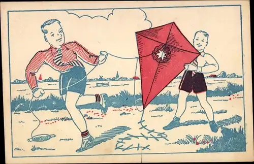 Künstler Ak Zwei Jungen spielen mit einem Flugdrachen