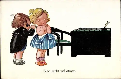 Künstler Ak Kinder als Erwachsene, Junge hört Mädchen ab, Bitte recht tief atmen