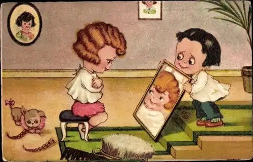 Künstler Ak Mädchen beim Friseur, abgeschnittene Zöpfe