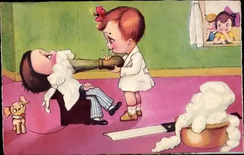 Künstler Ak Junge beim Barbier, Rasierpinsel