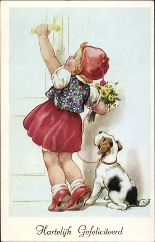 Ak Glückwunsch Geburtstag, Mädchen mit Blumenstrauß, Hund