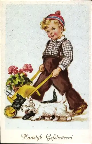 Ak Glückwunsch Geburtstag, Junge mit Schubkarre, Blumentopf, Terrier