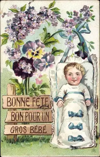 Ak Glückwunsch zur Geburt, Bonne Fête bon pour un gros bébé, Blumen