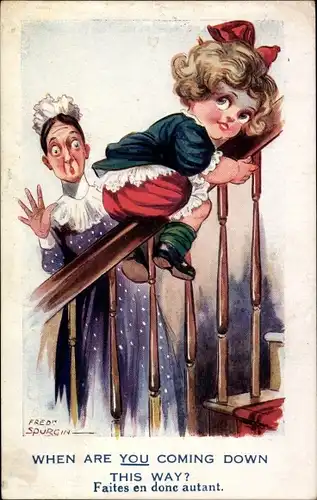 Künstler Ak Spurgin, Fred, Mädchen rutscht am Treppengeländer hinunter