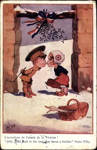 Künstler Ak Französin küsst britischen Soldat unter dem Mistelzweig